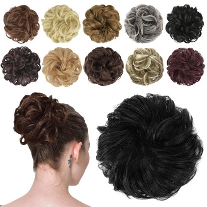 Picture of FESHFEN Messy Bun Hair Piece Hair Bun Scrunchies Natural Black Synthetic Wavy Chignon Ponytail Hair Extensions Thick Updo Hairpieces for Women Girls 1PCS