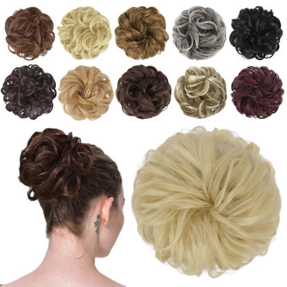 Picture of FESHFEN Messy Bun Hair Piece Hair Bun Scrunchies Synthetic Light Bleach Blonde Curly Wavy Chignon Ponytail Hair Extensions Thick Updo Hairpieces for Women Girls 1PCS