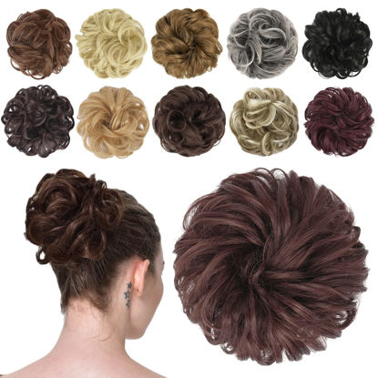 Picture of FESHFEN Messy Bun Hair Piece Hair Bun Scrunchies Dark Auburn Synthetic Wavy Chignon Ponytail Hair Extensions Thick Updo Hairpieces for Women Girls 1PCS