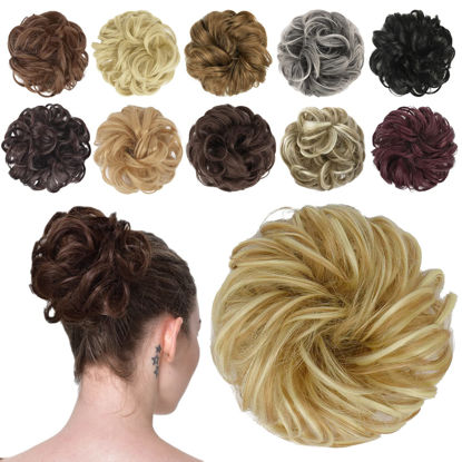 Picture of FESHFEN Messy Bun Hair Piece Hair Bun Scrunchies Synthetic Wavy Chignon Ponytail Hair Extensions Thick Updo Hairpieces for Women Girls 1PCS, Lightest Ash Brown & Bleach Blonde