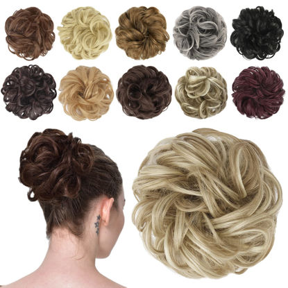 Picture of FESHFEN Hair Buns Hair Piece Hair Scrunchies for Women Thick Hair Extension Bun Messy Wavy Ponytail Hairpieces Updo Chignon 1PCS, Light Ash Brown & Bleach Blonde