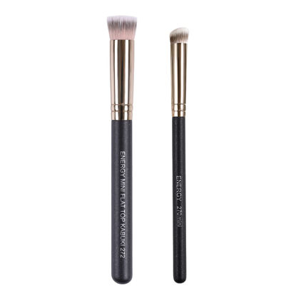 Picture of ENERGY Kabuki Brushes Set - Mini Flat Top Kabuki Brush and Slant Concealer Brush Under Eye for Eyebrows Eyeshadow Brushes for Liquid Cream Powder Blending,Stippling,Highlighter and Nose Contour