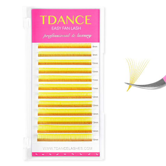 Picture of TDANCE Colorful Easy Fan Volume Lashes Eyelash Extension Supplies Rapid Blooming Volume Eyelash Extensions Thickness 0.07 DD Curl Mix 8-15mm Self Fanning Eyelashes Extension (Yellow,DD-0.07,8-15mm)