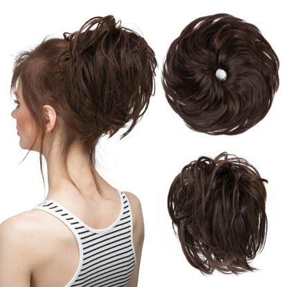 Picture of CJL HAIR Large Messy Bun Hair Piece Wavy Curly Scrunchies Synthetic Chignon Ponytail Hair Extensions Thick Updo Hairpieces for Women (Curly, Straight, Dark Brown)