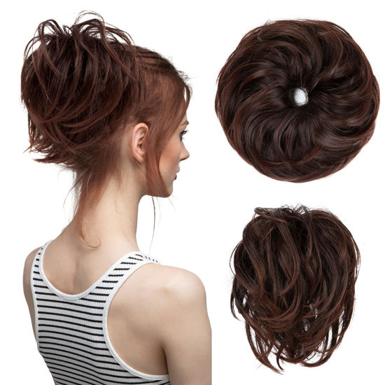 Picture of CJL HAIR Large Messy Bun Hair Piece Wavy Curly Scrunchies Synthetic Chignon Ponytail Hair Extensions Thick Updo Hairpieces for Women (Curly, Straight, Chocolate Brown and Auburn Tips)