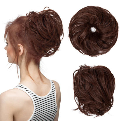 Picture of CJL HAIR Large Messy Bun Hair Piece Wavy Curly Scrunchies Synthetic Chignon Ponytail Hair Extensions Thick Updo Hairpieces for Women (Curly, Straight, Dark Auburn)