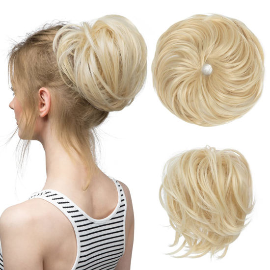 Picture of CJL HAIR Large Messy Bun Hair Piece Wavy Curly Scrunchies Synthetic Chignon Ponytail Hair Extensions Thick Updo Hairpieces for Women (Curly, Straight, Beach Blonde)