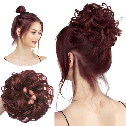 Picture of CJL HAIR Messy Bun Hair Piece Wavy Curly Scrunchies Synthetic Ponytail Hair Extensions Burgundy Large Thick Updo Hairpieces for Women Girls Kids 1 PCS