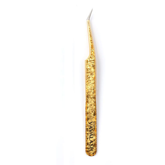 Picture of VAVALASH Lash Tweezers For Eyelash Extensions Yellow Ice Crack Fine Angle Tweezers For Making Volume And Classic Fans 1 PCS Professional Individual Lashes Tweezer (Yellow, V05）