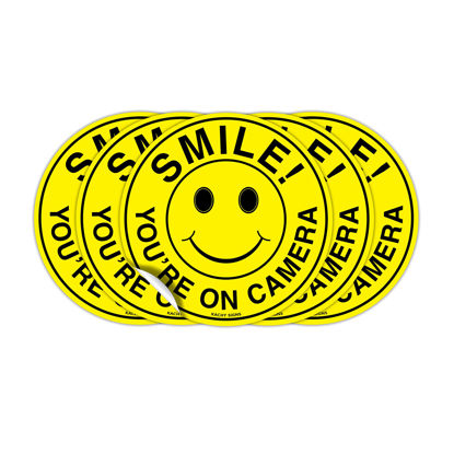 Picture of (Set of 5) Smile You're On Camera Stickers - 4.5" Circle - Durable Self Adhesive 4 Mil Vinyl - Laminated - Fade & Scratch Resistant - Waterproof - Private Property No Trespassing CCTV Security Recording Video Surveillance Sign