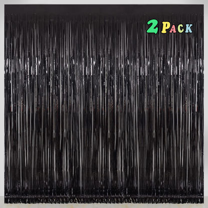 Picture of Black [Tinsel] Foil Fringe [Curtain]s, Melsan 3.2 x 8 ft Streamer Backdrop for Birthday, Graduation, Fiesta, Halloween [Party] Decor - Pack of 2