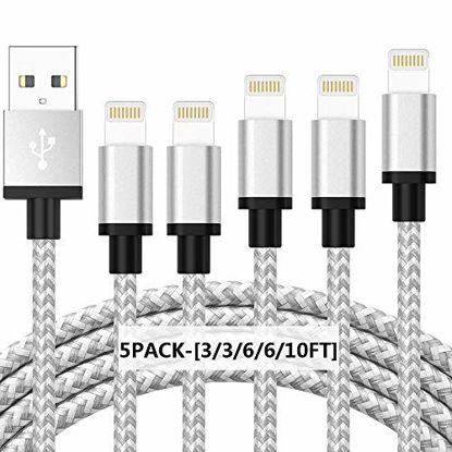 Picture of CredDeal MFi Certified iPhone Charger, Lightning Cable Pack of 5- [3/3/6/6/10FT] Nylon Braided Fast Charging Data Sync USB Cord Wire Compatible iPhone 12/11/Pro/Xs Max/X/8/7/Plus/6S/6/SE/5S (White)