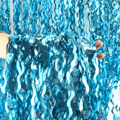 Picture of Wavy Tinsel Foil Fringe Curtains 3 Pack Teal Blue Backdrop for Mermaid Birthday,Under The Sea Party,Baby Shark Birthday Decorations(3.2 ft x 6.6 ft)