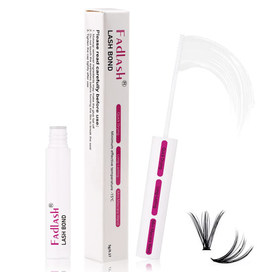 Picture of Cluster Lash Glue, Fadlash Clear Eyelash Glue for DIY Eyelash Extension Lash Bond Waterproof Latexfree Clear Individual Lash Glue with Mascara Wand Super Strong Hold 48 Hour