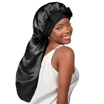 GetUSCart- Satin Bonnet Silk Bonnet Hair Bonnet for Sleeping Large Bonnets  with Tie Band Hair Wrap with Adjustable Straps Hair Cap Night Sleep Caps  for Women Curly Braid Hair Black