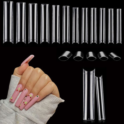 Picture of 504 PCS No C Curve Clear Nail Tips for Acrylic Nails Professional, 3XL Extra Long, 12 Sizes Half Cover Straight Tapered Square French Fake Nail Tips for Nail Salons Home DIY