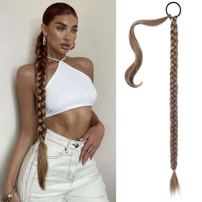 Picture of SEIKEA Long DIY Braid Ponytail Extension with Hair Tie Straight Wrap Around Hair Extensions Ponytail Natural Soft Synthetic Hair Piece Dark Ash Blonde with Highlights 38 Inch (After Braided 34 Inch)