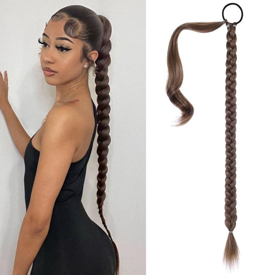 Picture of SEIKEA Long DIY Braid Ponytail Extension with Hair Tie Straight Wrap Around Hair Extensions Ponytail Natural Soft Synthetic Hair Piece Medium Brown with Medium Auburn 38 Inch (After Braided 34 Inch)