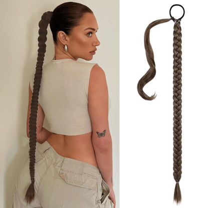 Picture of SEIKEA Long Braided Ponytail Extension with Hair Tie Straight Wrap Around Hair Extensions Ponytail Natural Soft Synthetic Hair Piece 34 Inch 180 Gram Medium Brown with Golden Brown Highlights