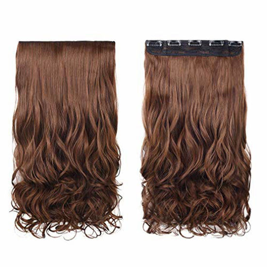 Picture of REECHO 24" 1-Pack 3/4 Full Head Curly Wave Clips in on Synthetic Hair Extensions Hairpieces for Women 5 Clips per Piece-Light Brown