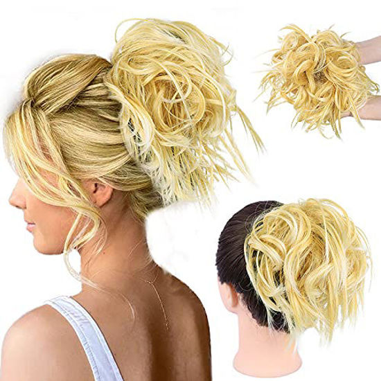 Picture of HMD Tousled Updo Messy Bun Hairpiece Hair Extension Ponytail with Elastic Rubber Band Updo Ponytail Hairpiece Synthetic Hair Extensions Scrunchies Ponytail Hairpieces for Women(Tousled Updo Bun, Orange Blonde Mix Dark Blonde)