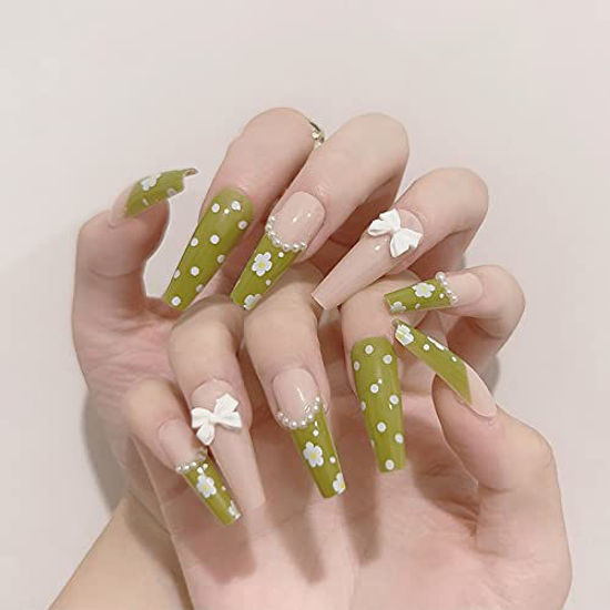 Picture of Vaveah 24 Pcs Press on Nails Coffin for Women, Extra Long Fake Nails Glue on Nails, False Nails with Glue (Beige Mixed Green Flower)