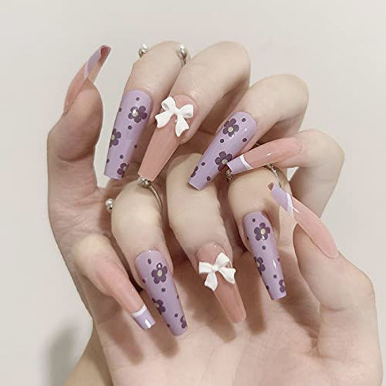 Picture of Vaveah 24 Pcs Press on Nails Coffin for Women, Extra Long Fake Nails Glue on Nails, False Nails with Glue (Pink Mixed Purple Flower)