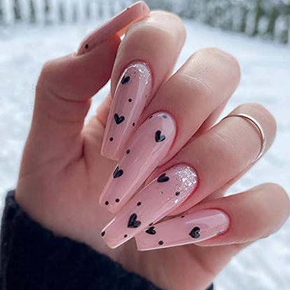 Picture of Vaveah 24 Pcs Press on Nails Coffin for Women, Extra Long Fake Nails Glue on Nails, False Nails with Glue (Pink with Black Heart)