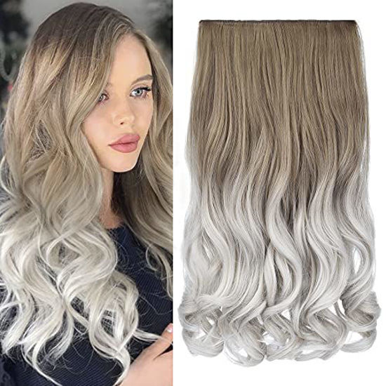 Picture of REECHO 20" 1-pack 3/4 Ombre Full Head Curly Wave Clips in on Synthetic Hair Extensions Hair pieces for Women 5 Clips 4.5 Oz Per Piece-Ombre Dark Brown to Warm brown and White Blonde Mixed