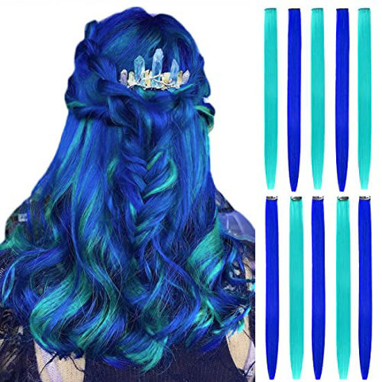 GetUSCart- BHF Teal Blue Hair Extensions Clip in Halloween Hair Accessories  for Kids Girls Women Bright Vibrant Neon Hair Extensions Fairy Hairpieces  Long Straight Color Hair Extensions 22 (s(Teal blue, Dark blue)