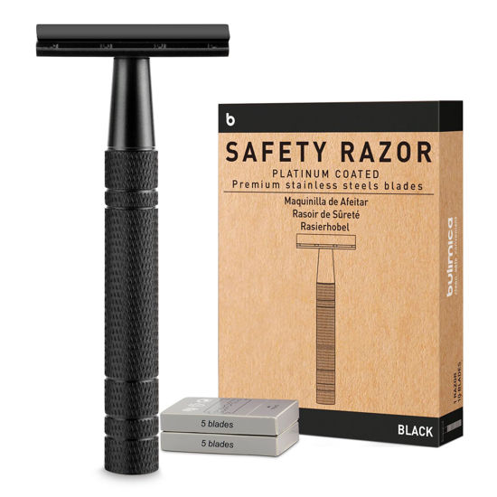 Picture of Matte Black Double Edge Safety Razor for Men, with 10 Platinum Coated Double Edge Safety Razor Blades, Single Blade Razor, Reusable Travel Essentials Women Razor