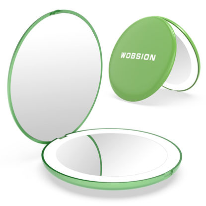 Picture of wobsion Travel Makeup Mirror with Light, 1x/10x Compact Magnifying Mirror,Handheld 2-Sided Pocket Mirror,Led Small Mirror for Purse,3.5in Hand Mirror,Travel Size Mirror for Handbag,Gift,Green