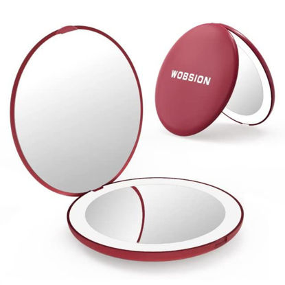 Picture of wobsion Travel Mirror with Light, 1x/10x Compact Magnifying Mirror,Handheld 2-Sided Pocket Mirror,Led Small Makeup Mirror,3.5in Compact Mirror for Purses,Travel Size Mirror for Handbag,Gift,Wine Red