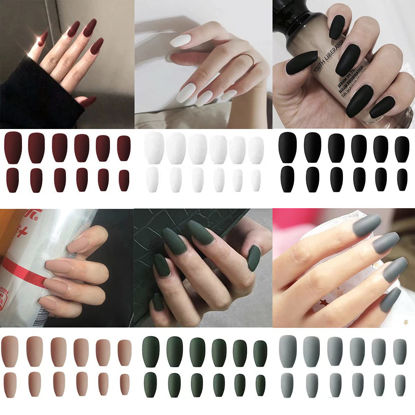 Picture of 6 Packs (144 Pcs) Matte Coffin Press on Nails Medium Length, Acrylic Short False Nails Full Cover Set Artificial Nails Fake Solid Color with Glue Nail File for Women