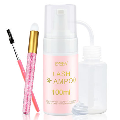 Picture of EMEDA Lash Shampoo for Lash Extensions 100ml/3.38 fl.oz Eyelash Extension Cleanser Oil Free Foam Soap Lash Bath for Cluster Lashes Wash Oil Dustcare,Lash Cleaning Kit with Rinse Bottle Brush