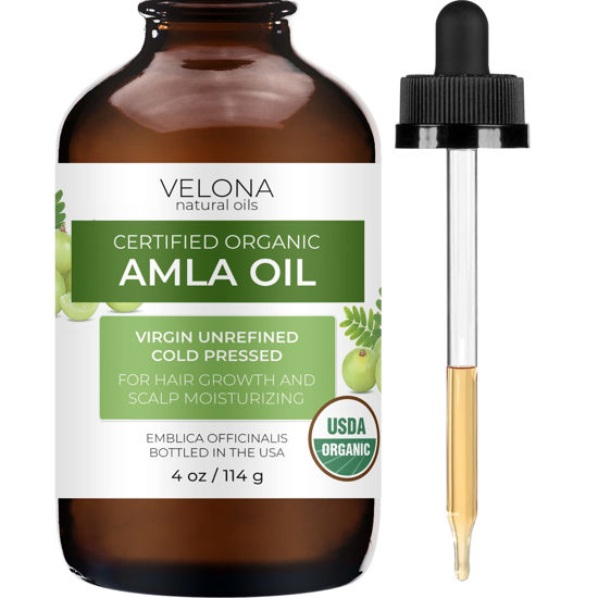 Picture of Velona Amla Oil USDA Certified Organic - 4 oz (With Dropper) | 100% Pure and Natural Carrier Oil | Extra Virgin, Unrefined, Cold Pressed | Hair Growth, Body, Face & Skin Care | Use Today - Enjoy Results