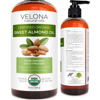 Picture of velona USDA Certified Organic Sweet Almond Oil - 8 oz | 100% Pure and Natural Carrier Oil | Refined, Cold Pressed | Skin, Hair, Body & Face Moisturizing | Use Today - Enjoy Results