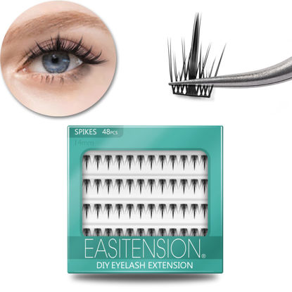 Picture of DIY Eyelash Extension, 3D Effect Glue Bonded Band Individual Lash 48 Clusters Volume Lashes Set, Home Eyelash Extension, C curl Lashes Pack 14MM-Spikes-48 Clusters