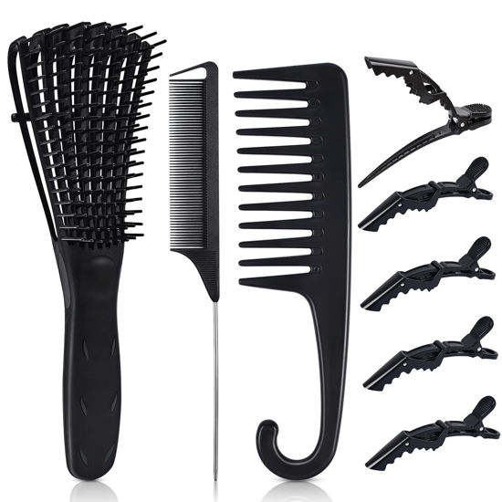 Picture of 8PCS Detangling Brush and Comb, MORGLES Detangling Hair Brush Wide Tooth Comb for Curly Hair with Rat Tail Comb Alligator Hair Clips Hair Comb for Black Natural Wavy Wet Hair