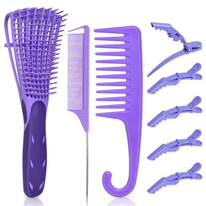 Picture of EZ Detangler Brush Set, MORGLES Detangling Hair Brush for Black Natural Hair Wide Tooth Comb with Rat Tail Comb 5PCS Alligator Clips for Men Women Kids(Purple)