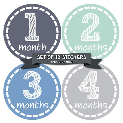 Picture of Months in Motion Baby Monthly Stickers - Baby Milestone Stickers - Newborn Boy Stickers - Month Stickers for Baby Boy - Baby Boy Stickers - Newborn Monthly Milestone Stickers (12 Count)