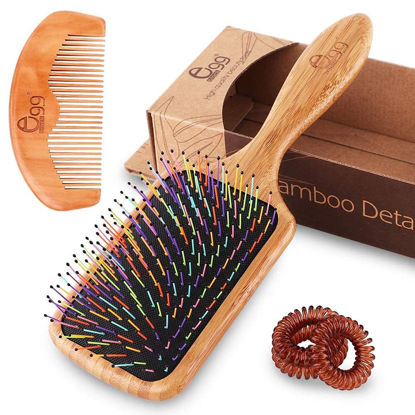 Picture of BLACK EGG Paddle Detangling Hair Brush for Women Girls, Rainbow Nylon Brush for Thick Thin Curly Hair, Includes Wooden Detangler Comb and 3 Hair Ties