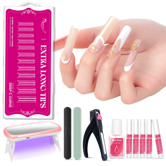 Picture of Long Square Nail Tips Set - Ranrose 120pcs Half Cover Deep C Curve Tapered Square Nail Tips,Nail Glue Mini UV Nail Lamp Acrylic Nail Clipper Nail Buffers and Files False Nail Extension Set for Women