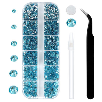 Picture of 3792 Pcs Aquamarine Flatback Rhinestones Set for Nail, Art, Crafts, Makeup, Tumblers Glitter Round with Tweezers and Picking Pen(SS6~SS20)