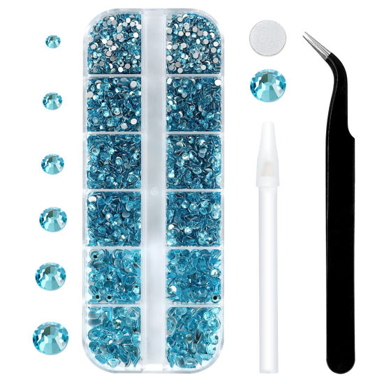 Picture of 3792 Pcs Aquamarine Flatback Rhinestones Set for Nail, Art, Crafts, Makeup, Tumblers Glitter Round with Tweezers and Picking Pen(SS6~SS20)