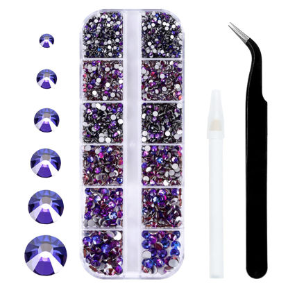 Picture of 3792 Pcs Purple Velvet Flatback Rhinestones Set for Nail, Art, Crafts, Makeup, Tumblers Glitter Round with Tweezers and Picking Pen(SS6~SS20)