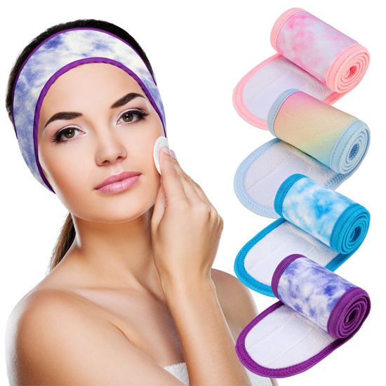 Picture of Spa Facial Headband, Denfany Terry Cloth Headband 4 Pack Ultra Soft Adjustable Skincare Headband for Face Washing, Shower, Facial Mask, Yoga (Rainbow Colors + Sky Blue + Cherry Blossom Pink + Romantic Purple)