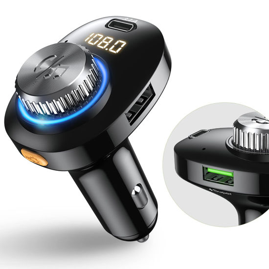 Picture of Bluetooth FM Transmitter for Car, Bluetooth 5.0 Car Adapter, Handsfree Call Car Charger with Fast Charge, 7 LED RGB Colors, Dual USB Port Charger, Wireless Radio Receiver Supports TF Card/U-Disk