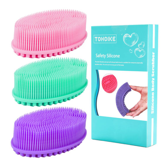 Picture of Silicone Body Scrubber Loofah - Set of 3 Soft Exfoliating Body Bath Shower Scrubber Loofah Brush for Sensitive Kids Women Men All Kinds of Skin(Purple/Green/Pink)