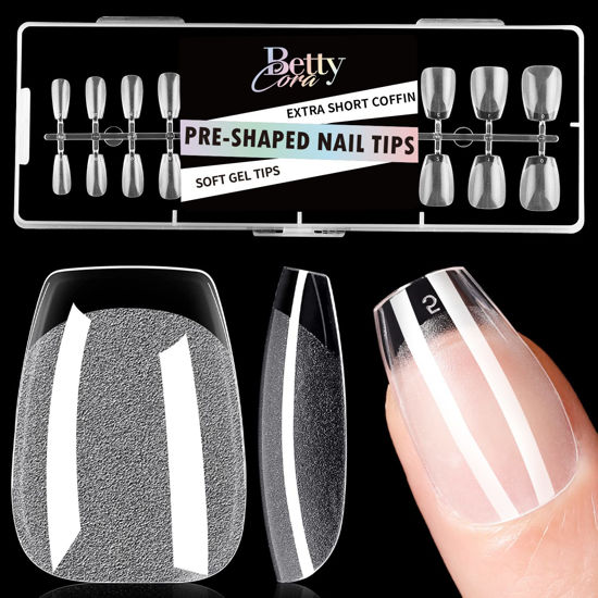 Picture of BettyCora Nail Tips, 240Pcs Extra Short Coffin Nails Half Matte Soft Gel False Nails for Acrylic Extensions Soak Off, 12 Sizes, Extra Short Coffin